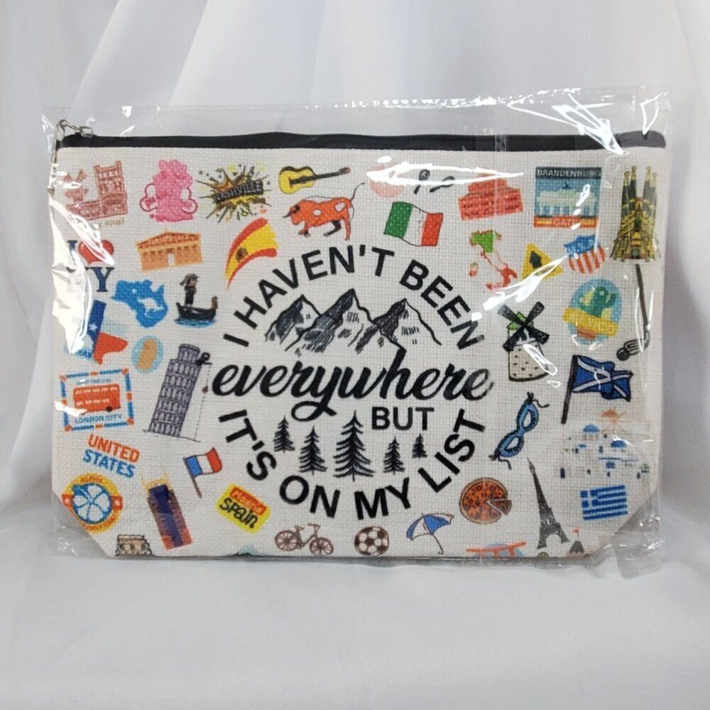 Travel-Themed Cosmetic Pouch  "I Haven't Been Everywhere But Its On My List" - Picture 2 of 5